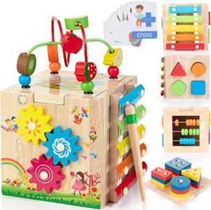 Bravmate Aktivitätswürfel aus Holz | 8-in-1 Montessori-Spielzeug für 18 Monate + Kleinkinder, EIN Jahr alt, erster Geburtstag, Babyspielzeug-Set mit Bonus-Sortier- und Stapelbrett 