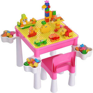 burgkidz Kindertisch mit Stühle, Kinder Tisch Stuhl Set für Prinzessin Mädchen mit 128 Stück Große Kreative Bausteinen, Lernspielzeug für die Frühkindliche Entwicklung, Rosa - Jetzt bei Amazon kaufen*