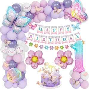 Deko 1. Geburtstag Mädchen Set - Rosa Lila Ballons, Schmetterling Folienballons, Alles Gute Zum Banner Ballon, Aufkleber