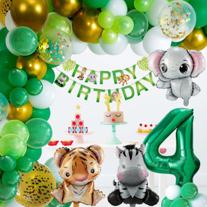 Dschungel Geburtstag Dekoration 4 jahr, Safari Kindergeburtstag Deko Junge MädchenGeburtstagsdeko, Grüne Luftballon Geburtstagsdeko, Happy Birthday Dekoration (Dschungel Safari set, Nummer 4)
