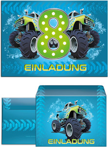 10 Einladungskarten incl. 10 Umschläge 8. Geburtstag Kinder Junge Monstertruck blau / Monster-Truck / Auto / Einladungen achte Kindergeburtstag für Jungen