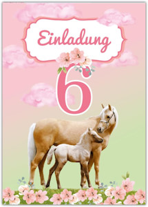 12 Einladungskarten zum 6. Kindergeburtstag sechste Geburtstag Mädchen Pferd mit Fohlen  - Jetzt bei Amazon kaufen*