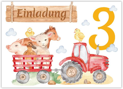 12 Einladungskarten zum 3. Kindergeburtstag Einladungen dritte Geburtstag Mädchen Jungen Bauernhof