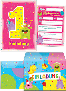 JuNa-Experten 12 Einladungskarten zum 1. Kindergeburtstag rosa incl.12 Umschläge / Bunte und lustige Einladungen zum Geburtstag für Mädchen lustige Monster