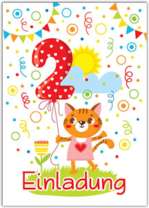 JuNa-Experten 12 Einladungskarten 2. Kindergeburtstag Mädchen Katze Tiere zweite Geburtstag Geburtstagseinladungen Einladungen Geburtstags-Party Kartenset  - Jetzt bei Amazon kaufen*