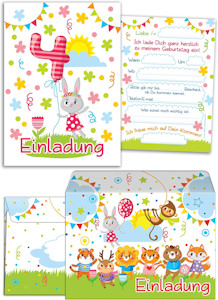 JuNa-Experten 12 Einladungskarten zum 4. Kindergeburtstag für Mädchen incl.12 Umschläge / Bunte Einladungen zum Geburtstag für Mädchen Süße Tierchen / Süße Hase (12 Karten +12 Umschläge)