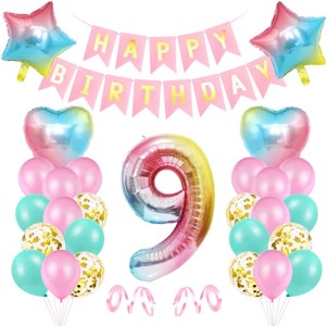 Luftballon 9 Geburtstag Rosa, Geburtstagsdeko 9 Jahr Mädchen, Riesen Folienballon 9 Rosa, Deko 9 Geburtstag Mädchen, Ballon 9 Deko zum Geburtstag, Bunt Folienzahlen Ballons 9, Banner