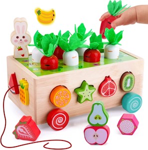 YGJT Montessori Motorikspielzeug ab 1 Jahr Spielzeug 6 in 1 Holz, SteckSpiel Sortierspiel Karottenernte Stapelspiel Lernspielzeug Ostern Geburtstag Geschenk für 2 3 Jahre Mädchen Junge
