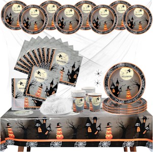 com-four® 38-teiliges Halloween Tischset - Dekoset mit Spinnennetz, Spinnen, Bechern, Teller, Servietten und Tischtuch für Halloween, Mottoparty und Kindergeburtstag (Hexe 2 - 38 Teile) 