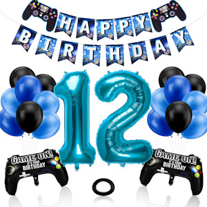 Phoetya Dekorationen zum 12. Geburtstag für Jungen, Gaming-Motto-Geburtstagsparty-Dekorationsset für Gamer, Happy Birthday-Banner, Game-Controller-Luftballons, schwarz-blaue Luftballons für Kinderparty