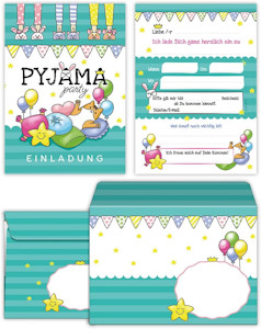 8 Einladungskarten incl. 8 Umschläge zum Kindergeburtstag Pyjamaparty Pyjama-Party Übernachtungsparty Lesenacht-Party für Mädchen und Jungen