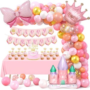 Geburtstagsdeko Mädchen, Prinzessin Geburtstag Party Deko Rosa Luftballons Mädchen mit Cupcake Topper Happy Birthday Banner Prinzessin Krone Ballon für Kindergeburtstag Deko Mädchen