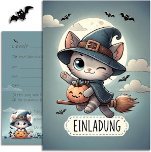 10 Halloween Karten Einladungskarten Zauberhafte Hexenkatze Einladung Karte Katze für Jungen Mädchen Kinder Party Motiv Halloweenparty Grusel Party süße Katzen Hexe Set 