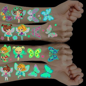 Fee Tattoos Mädchen, 10 Blätter Im Dunkeln Leuchtende Blumenfee Schmetterling Kindertattoos, Wasserdicht Temporäre Tattoo Sticker für Feen Geburtstag Deko Mitgebsel Kindergeburtstag Mädchen 