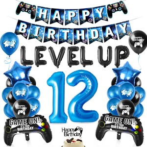 Videospiel Luftballon 12. Geburtstag Blau, Geburtstag 12 jahre Junge Spiel, Ballons Blau Schwarz, Zahl 12 Folienballon, für Kinder Junge Geburtstag Party Dekoration 