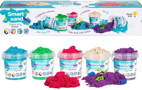 Genio Kids Magic Sand 750g Zaubersand - 5 Farben Bunter Sand Set, 5 Sandknete Zubehör - Spielsand für drinnen, Magischer Knetsand Geschenke für Kinder, Mädchen und Jungen