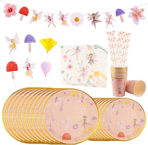 FAELNK Partygeschirr Set Fee Party Geburtstagsdeko Mädchen Feen Geburtstag Partygeschirr Set Bunt Pappteller Pappbecher Tortenleisten La Banner Strohhalme Servietten für 10 Gäste