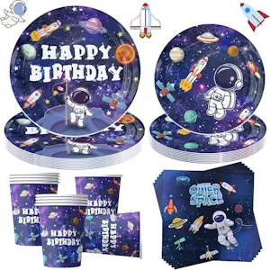 50 Stück Weltraum Partygeschirr Set, Weltraum Geburtstag Deko Partygeschirr, Astronauten Pappgeschirr Pappteller Becher Servietten,Weltraum Kindergeburtstag Partyzubehörsets 10 Gäste