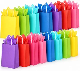 32 Stück Bunte Geschenktüten mit Henkel Seidenpapier, Papiertüten 22 x 16 x 8 cm, kleine Partytüten aus Kraftpapier für Kindergeburtstag, Hochzeit, Weihnachten, Mitgebsel und Geschenke(8 Farben)