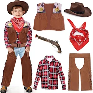 Cowboy Kostüm Kinder Western Cowboy Zubehör Kinder mit Cowboy Weste Cowboy Hut Kinder Halstuch für Karneval Cosplay Halloween Kinder 3 4 5 6 7 8 9 10 11 12 Jahre 