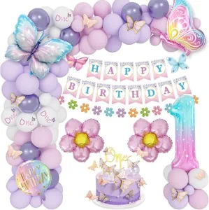 Deko 1. Geburtstag Mädchen Set - Rosa Lila Ballons, Schmetterling Folienballons, Alles Gute Zum Banner Ballon, Aufkleber 