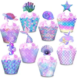 GoldRock Meerjungfrau Geburtstag Deko Set,16 Stück Meerjungfrau Tortendeko und 16 Stück Cupcake Wrapper, Muffin Deko Geburtstag für Kindergeburtstag, BabyShower, Hochzeit, Kuchen, Dessertdekoration