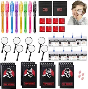 48 Stück Detektiv Kindergeburtstag Mitgebsel,Kindergeburtstag Detektiv Rollenspiel,mit UV Stift,Notizbuch, Lupen Spielzeug,Detektivausweis Ausweise mit Clip,Fingerabdruck Stempelkissen