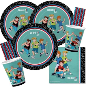 68-teiliges Party-Set - Drei Fragezeichen ??? Kids - Detektive - Teller Becher Servietten Trinkhalme für 16 Kinder