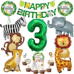 Dschungel Deko 3 Geburtstag, 3 jahr Kinder Geburtstagsdeko, Safari Tiere Folienballon 3, 17 Stück Wild Party Geburtstags Dekoration, Waldtiere Grüner Luftballon für Mädchen Junge Kinder Geburtstag 
