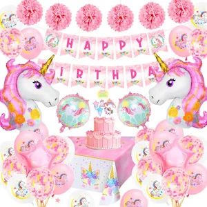 Einhorn Geburtstagsdeko Mädchen, Rosa Kindergeburtstag Set mit Happy Birthday Banner 3D Einhorn Folie Ballons Confetti Luftballons Unicorn Tablecloth Pompoms, Pastell Einhorn Party Supplies für Baby