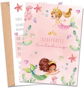 MeinBaby123® | 10 Einladungskarten Kindergeburtstag Mädchen | Geburtstagseinladungen für Kinder | Meerjungfrau Einladungskarten | inkl. 10 Briefumschläge | Premium Qualität (Meerjungfrau V2)