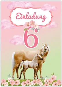 12 Einladungskarten zum 6. Kindergeburtstag sechste Geburtstag Mädchen Pferd mit Fohlen - Jetzt bei Amazon kaufen*