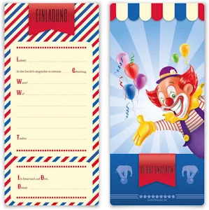 Einladungskarten Kindergeburtstag Jungen Mädchen 8 Stück Karten - Zirkus Clown Ticket