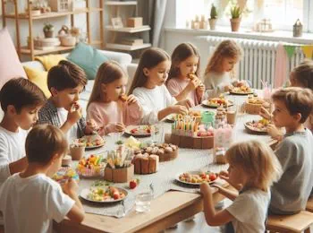 Kinder lieben es, bei der Kinderparty gemeinsam zu essen und haben sofort gute Laune