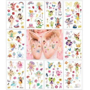 Tattoo 10 Blätter, Fee Temporäre Tattoo Set, Wasserdichte Kindertattoos Stickers für Mädchen Geburtstag Mitgebsel, Feen Prinzessin Party Dekor Geschenk 