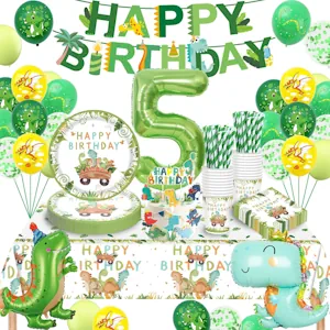 Dino Geburtstag Deko 5 Jahre, Dinosaurier Partygeschirr Set, Geburtstagsdeko 5 Jahre Junge, Dinosaurier Luftballons Pappteller Tassen Servietten Tischdecke für Party Kindergeburtstag Deko 16 Gäste