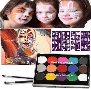 Halloween Kinderschminke Set, Face Paint Body Paint für Kinder und Erwachsene mit 15 Farben Schminkpalette, 2 Berufs Pinsel, 40 Tattoo-Vorlagen