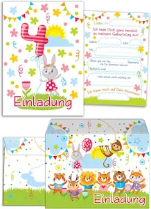 JuNa-Experten 12 Einladungskarten zum 4. Kindergeburtstag für Mädchen incl.12 Umschläge / Bunte Einladungen zum Geburtstag für Mädchen Süße Tierchen / Süße Hase (12 Karten +12 Umschläge)