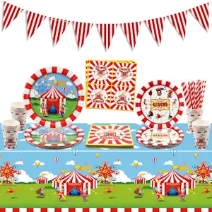 Karnevalsparty-Dekorationen, einschließlich Flagge, Tischdecke, Papierteller, Servietten, Zirkusparty-Dekorationen für Kindergeburtstagsfeiern, Jungen und Mädchen, für 20