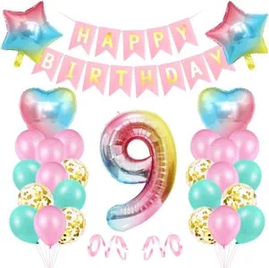 Luftballon 9 Geburtstag Rosa, Geburtstagsdeko 9 Jahr Mädchen, Riesen Folienballon 9 Rosa, Deko 9 Geburtstag Mädchen, Ballon 9 Deko zum Geburtstag, Bunt Folienzahlen Ballons 9, Banner