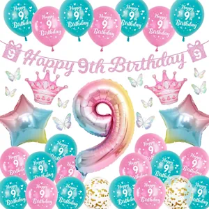 Luftballon Deko 9. Geburtstag für Mädchen - 40 Stück Rosa Geburtstagsdeko Set mit Happy Birthday Girlande, Bunt 3D Schmetterlinge und Zahlenballons für das 9 Jahre Kindergeburtstag 