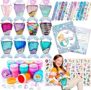 Meerjungfrau Kindergeburtstag Party Mitgebsel Set 60 Stück mit 12 Einladungskarten, Meerjungfrau Pailletten Geldbörse, Slap Armbänder, Tattoos und Briefmarke usw Perfekt für Kinder Party Kinder