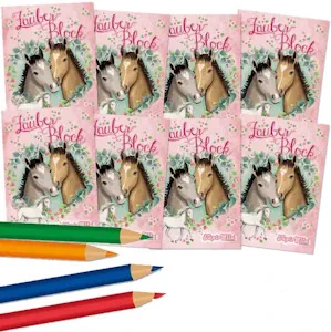 Lutz Mauder 8 x Zauberblöckchen * TAPIRELLA Pferde * in DIN A8 Plus Buntstifte im Set | Zauberblock Mitgebsel für Kindergeburtstag | Pferd Pony Fohlen