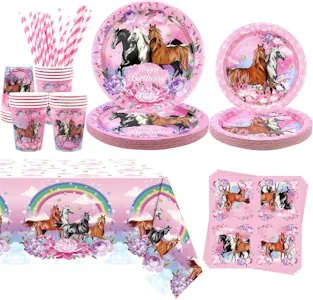Obussgar Rosa Pferd Party Dekorationen, Cartoon Pferd Thema Party Supplies enthält Teller, Tassen, Tücher, Tischdecken, Pferd Thema Geburtstag Party Dekorationen für Mädchen - Serviert 20