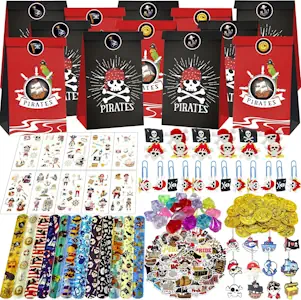 Piraten Party Mitgebsel Piraten Kindergeburtstag Piratenparty Kindergeburtstag PQKL-partyGeschenktüten,Goldmünzen,Schlüsselanhänger,LeuchtendeTattoo,Aufkleber,Schnapparmband,Kindergeburtsta für Kinder