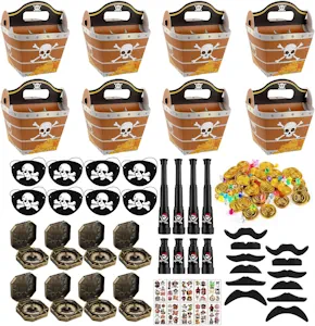 154 Stück Piraten Party Mitgebsel Kindergeburtstag mit Goldmünzen Edelsteine Kompass Piraten Augenklappen Schnurrbart Teleskop-Requisitenspielzeug Tattoo Aufkleber Schatztruhen für Party 