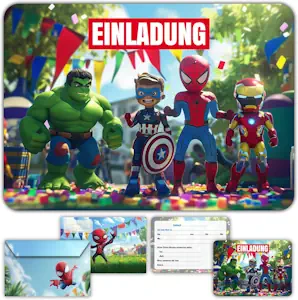 Set mit 12 Superhelden-Einladungskarten für Geburtstag mit passenden Umschlägen – für Kinder, Jungen und Teenager - Vorgefüllte Karten auf Deutsch für Geburtstagsparty und Feier