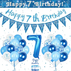 7. Geburtstag Jungen Deko Set - Luftballon Blau, Lange Banner, Riesen Folienballon, Happy Birthday Girlande - Ballon Dekoration