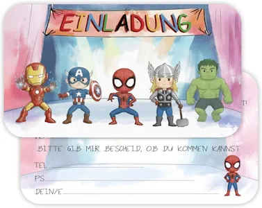 12er Set Superhelden Einladungskarten Kindergeburtstag – Einladungen mit Umschlägen – Coole Superhelden-Party Einladungskarten für Jungen & Mädchen – Hochwertiger Karton – Ausfüllbar (J) 