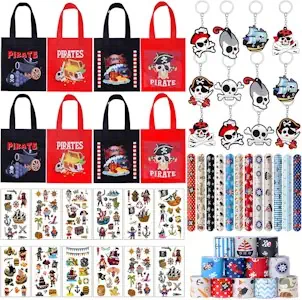 vamei Piraten party Mitgebsel Kindergeburtstag Junge mit Piraten Slap Armbänder Schlüsselanhänger Piraten Thema Non Woven Taschen für Give Aways Kindergeburtstag Kinder 